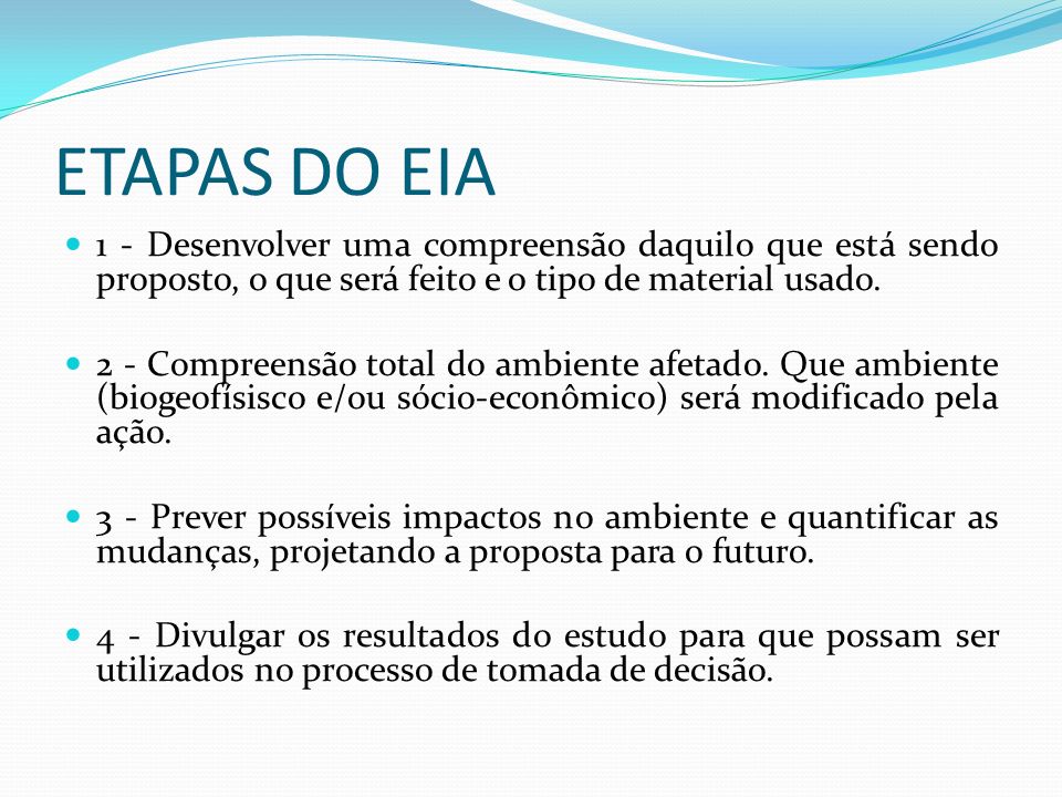 ETAPAS DO EIA 1 - Desenvolver uma compreensão daquilo que está sendo proposto, o que será feito e o tipo de material usado.