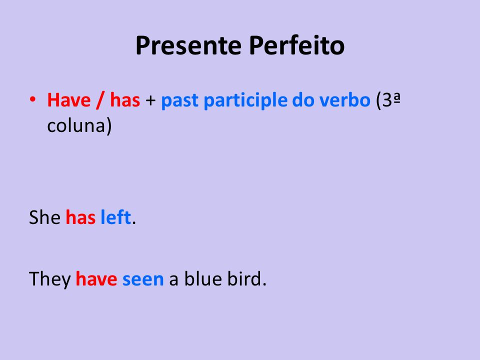 Presente Perfeito Have / has + past participle do verbo (3ª coluna)