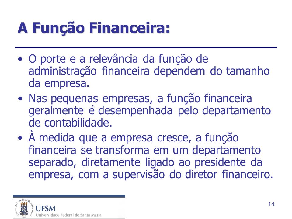 A Função Financeira: O porte e a relevância da função de administração financeira dependem do tamanho da empresa.
