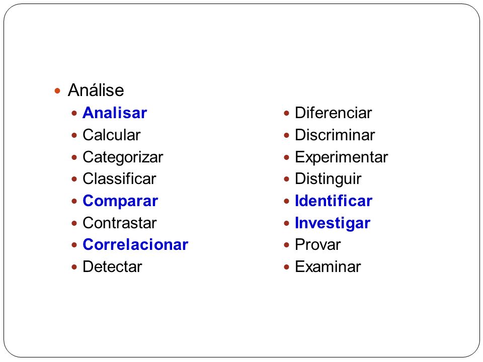 Análise Analisar Calcular Categorizar Classificar Comparar Contrastar