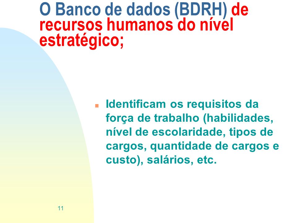 O Banco de dados (BDRH) de recursos humanos do nível estratégico;