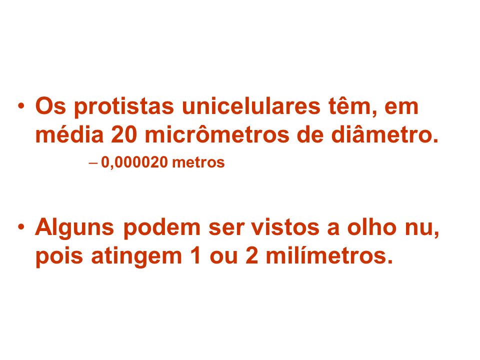 Os protistas unicelulares têm, em média 20 micrômetros de diâmetro.