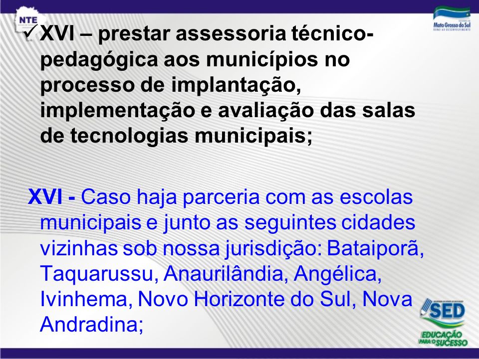 XVI – prestar assessoria técnico-pedagógica aos municípios no processo de implantação, implementação e avaliação das salas de tecnologias municipais;