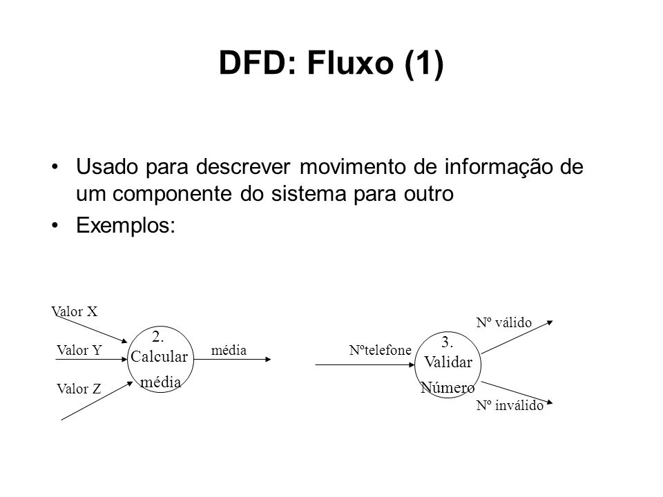 DFD: Fluxo (1) Usado para descrever movimento de informação de um componente do sistema para outro.