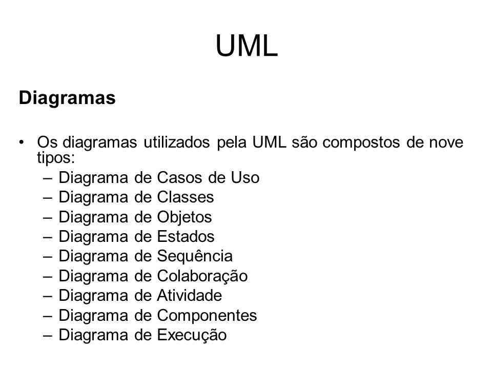 UML Diagramas. Os diagramas utilizados pela UML são compostos de nove tipos: Diagrama de Casos de Uso.