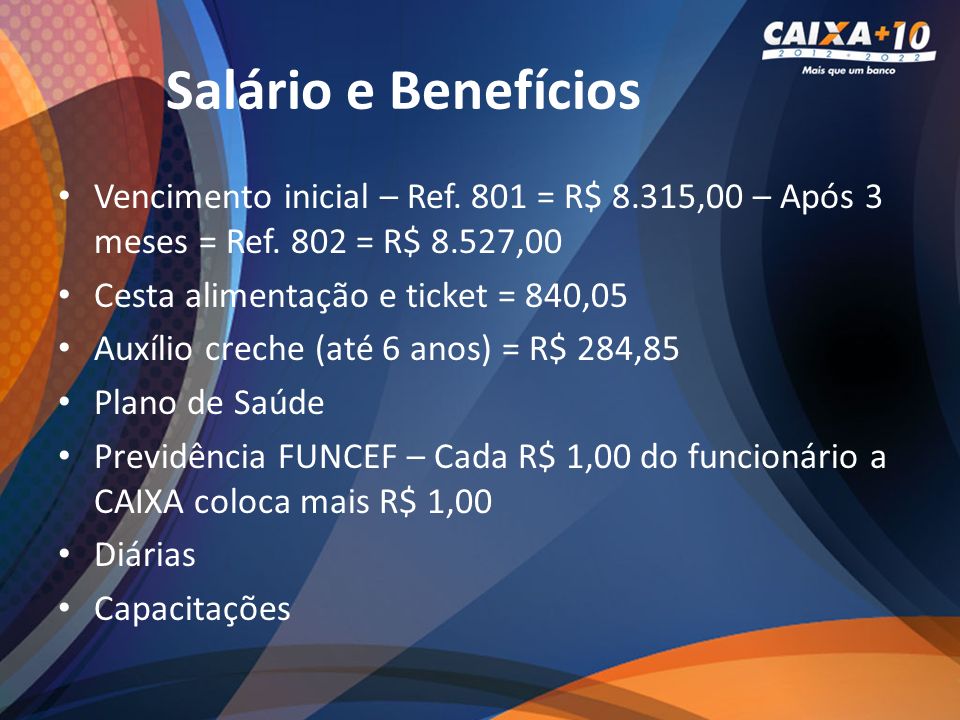 Salário e Benefícios Vencimento inicial – Ref. 801 = R$ 8.315,00 – Após 3 meses = Ref. 802 = R$ 8.527,00.