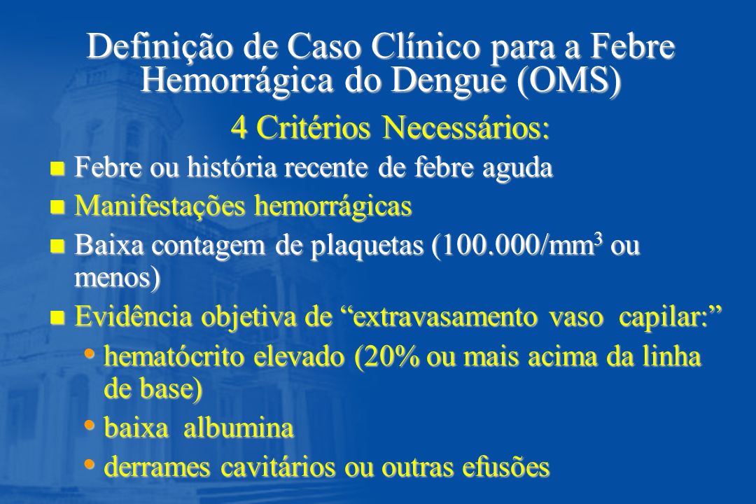 Definição de Caso Clínico para a Febre Hemorrágica do Dengue (OMS)