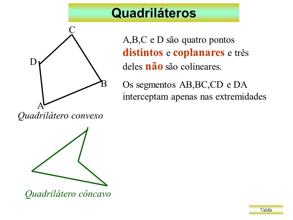 Quadriláteros A. B. C. D. A,B,C e D são quatro pontos distintos e coplanares e três deles não são colineares.