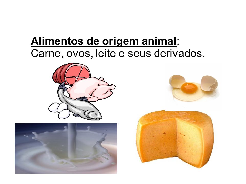 Alimentos de origem animal: Carne, ovos, leite e seus derivados.