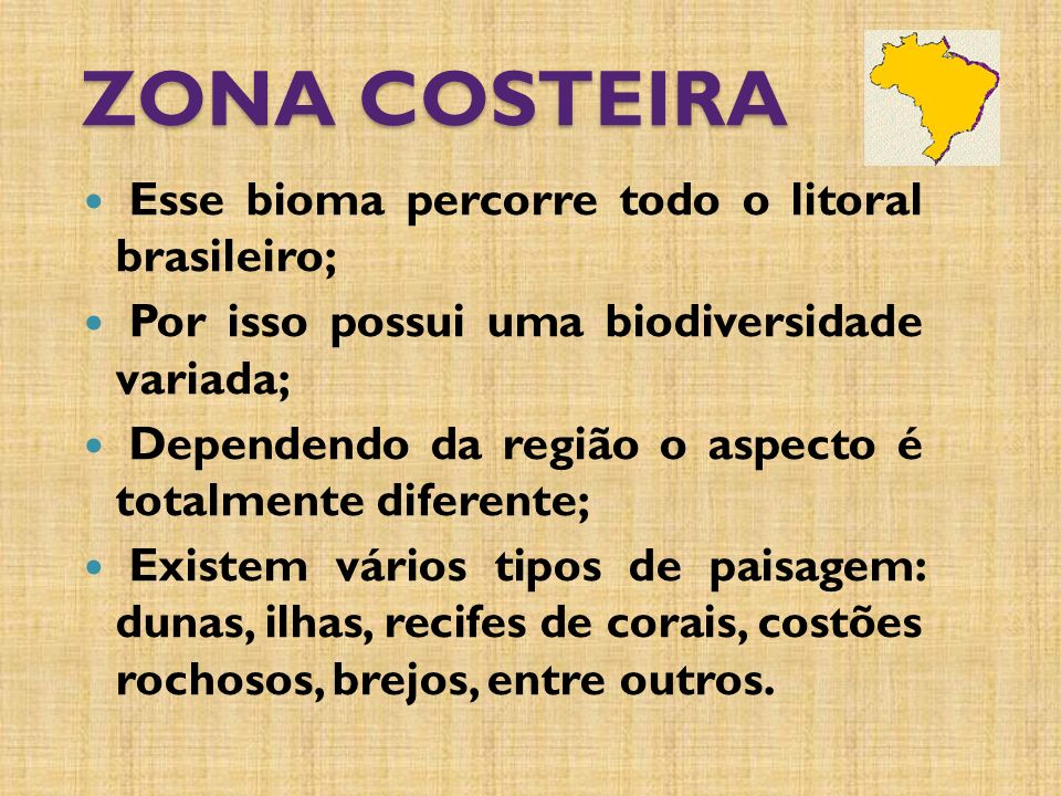 ZONA COSTEIRA Esse bioma percorre todo o litoral brasileiro;
