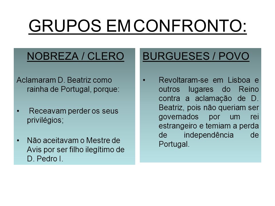 GRUPOS EM CONFRONTO: NOBREZA / CLERO BURGUESES / POVO