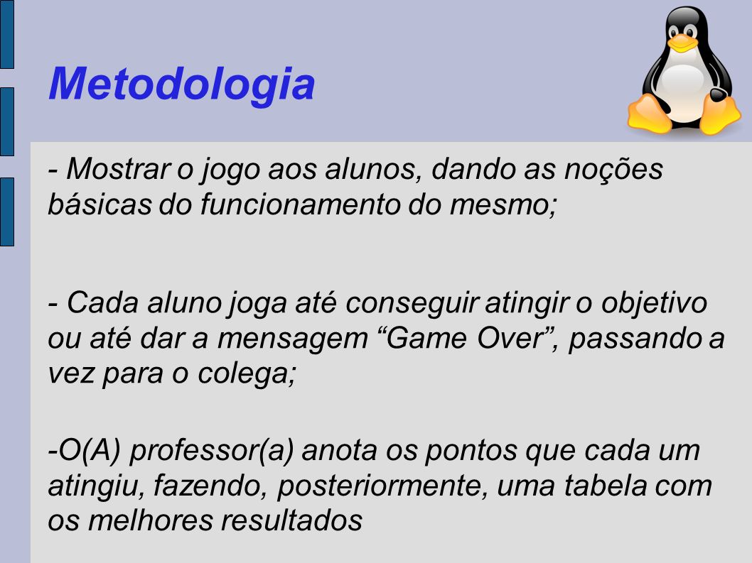 Metodologia - Mostrar o jogo aos alunos, dando as noções básicas do funcionamento do mesmo;