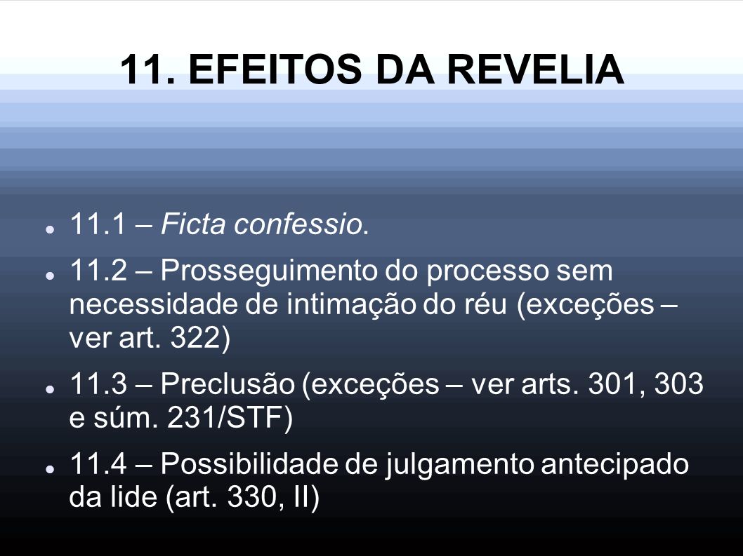 11. EFEITOS DA REVELIA 11.1 – Ficta confessio.