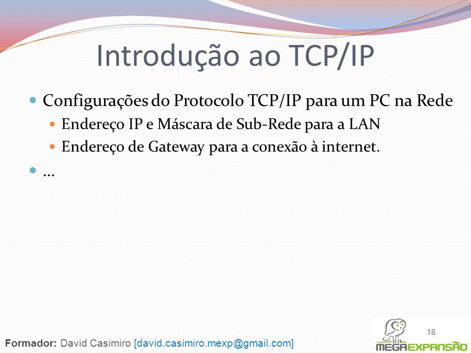 Introdução ao TCP/IP Configurações do Protocolo TCP/IP para um PC na Rede. Endereço IP e Máscara de Sub-Rede para a LAN.