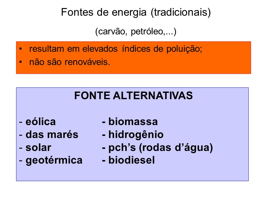 Fontes de energia (tradicionais) (carvão, petróleo,...)