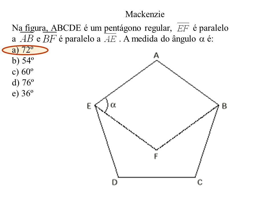 Mackenzie Na figura, ABCDE é um pentágono regular, é paralelo. a e é paralelo a . A medida do ângulo  é: