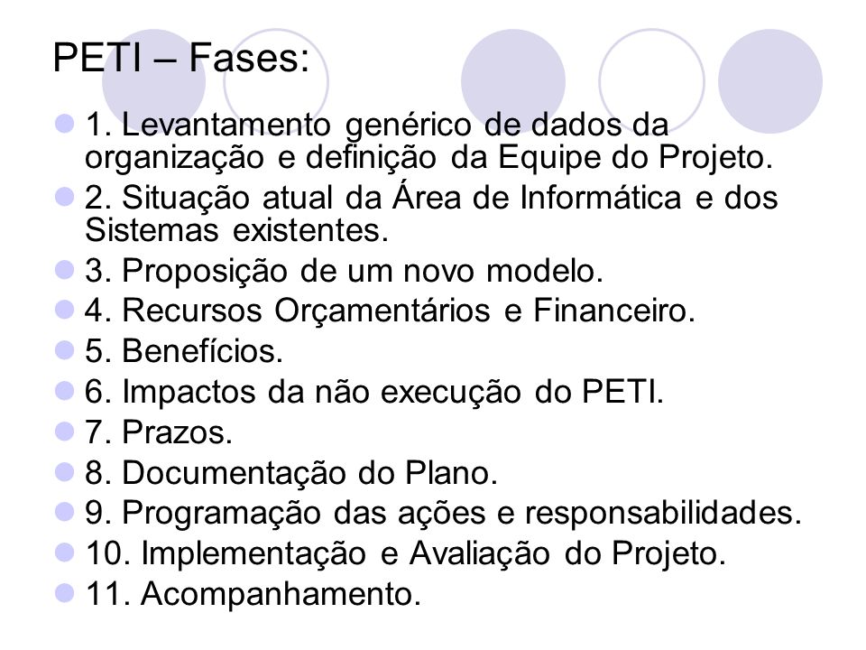 PETI – Fases: 1. Levantamento genérico de dados da organização e definição da Equipe do Projeto.