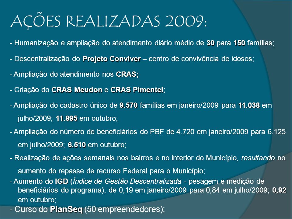 AÇÕES REALIZADAS 2009: - Curso do PlanSeq (50 empreendedores);