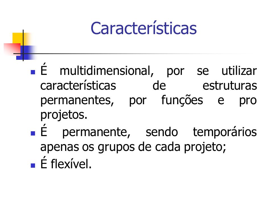 Características É multidimensional, por se utilizar características de estruturas permanentes, por funções e pro projetos.