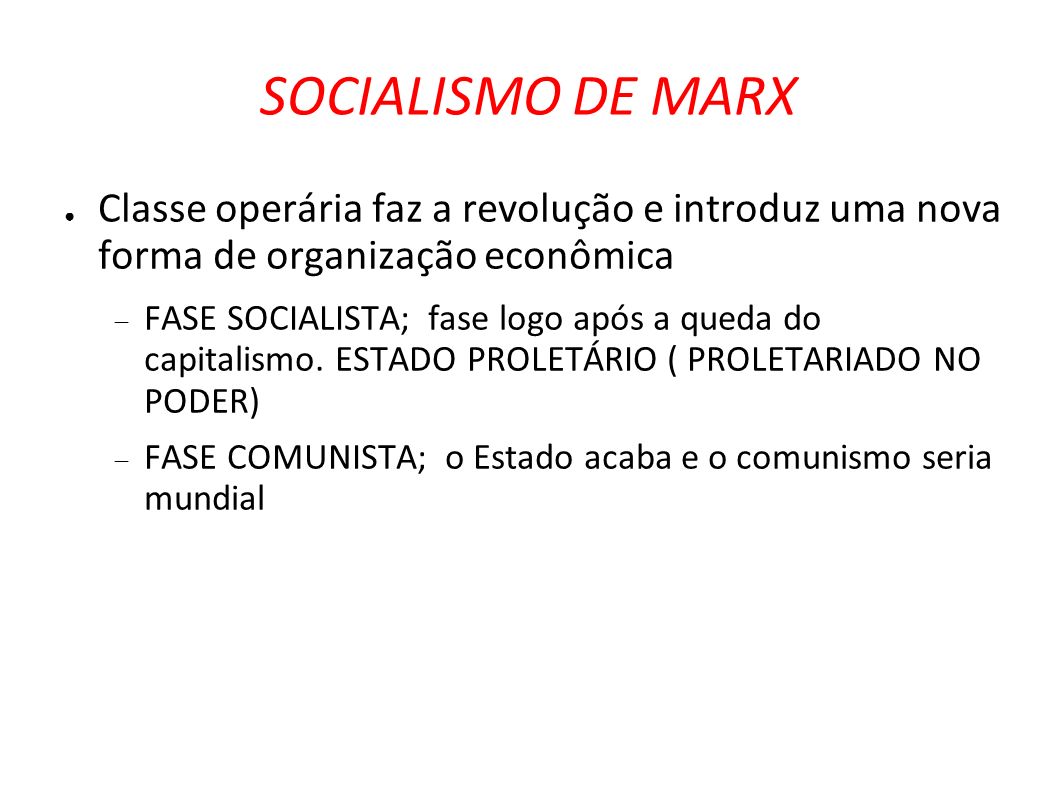 SOCIALISMO DE MARX Classe operária faz a revolução e introduz uma nova forma de organização econômica.