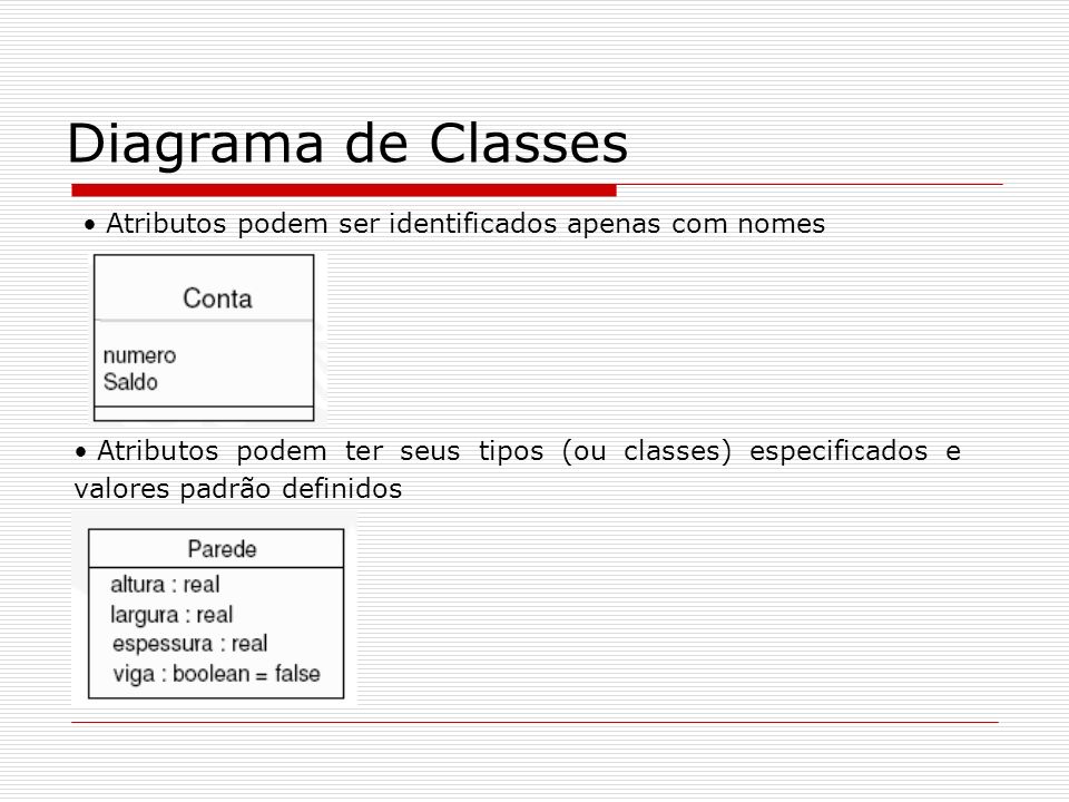 Diagrama de Classes Atributos podem ser identificados apenas com nomes