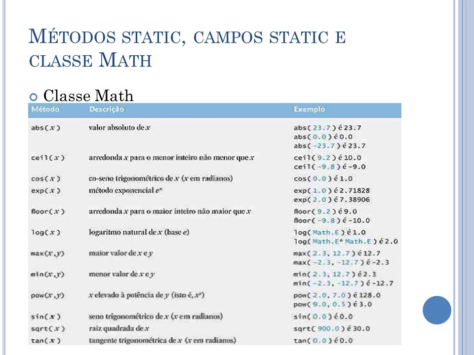 Métodos static, campos static e classe Math