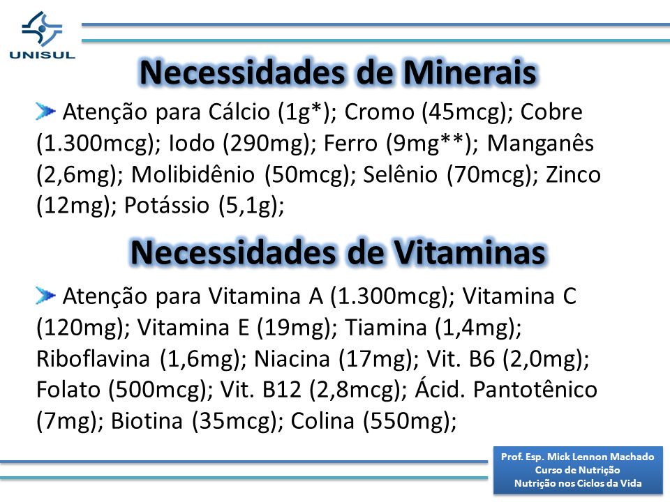 Necessidades de Minerais Necessidades de Vitaminas