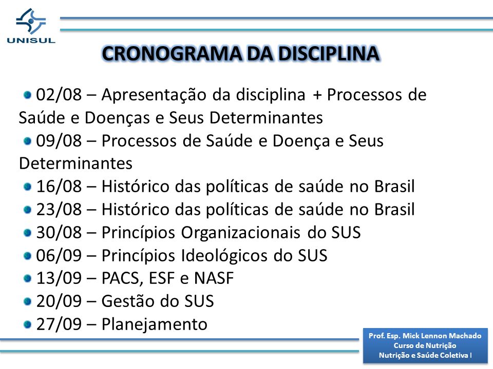 CRONOGRAMA DA DISCIPLINA Prof. Esp. Mick Lennon Machado