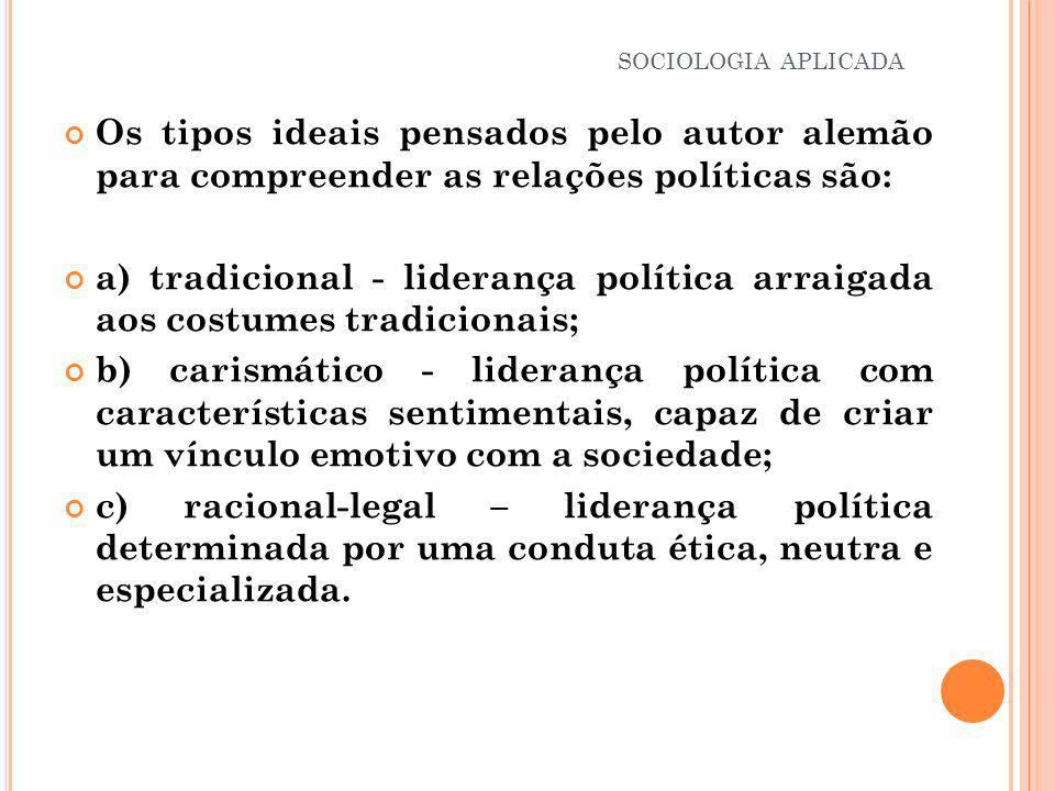 SOCIOLOGIA APLICADA Os tipos ideais pensados pelo autor alemão para compreender as relações políticas são: