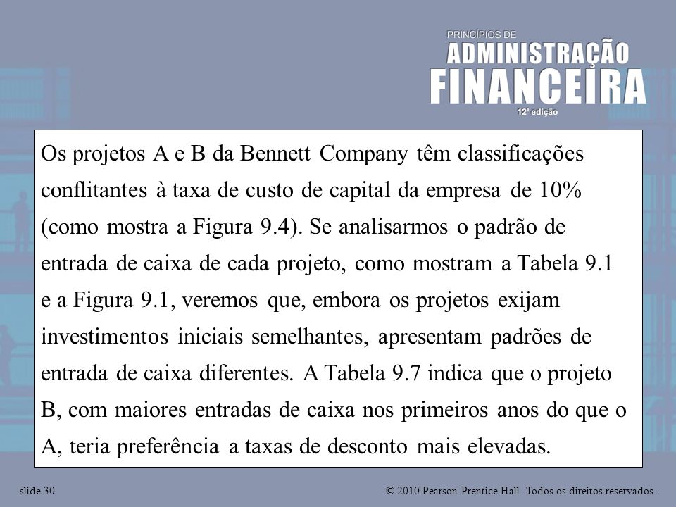 Os projetos A e B da Bennett Company têm classificações conflitantes à taxa de custo de capital da empresa de 10% (como mostra a Figura 9.4).