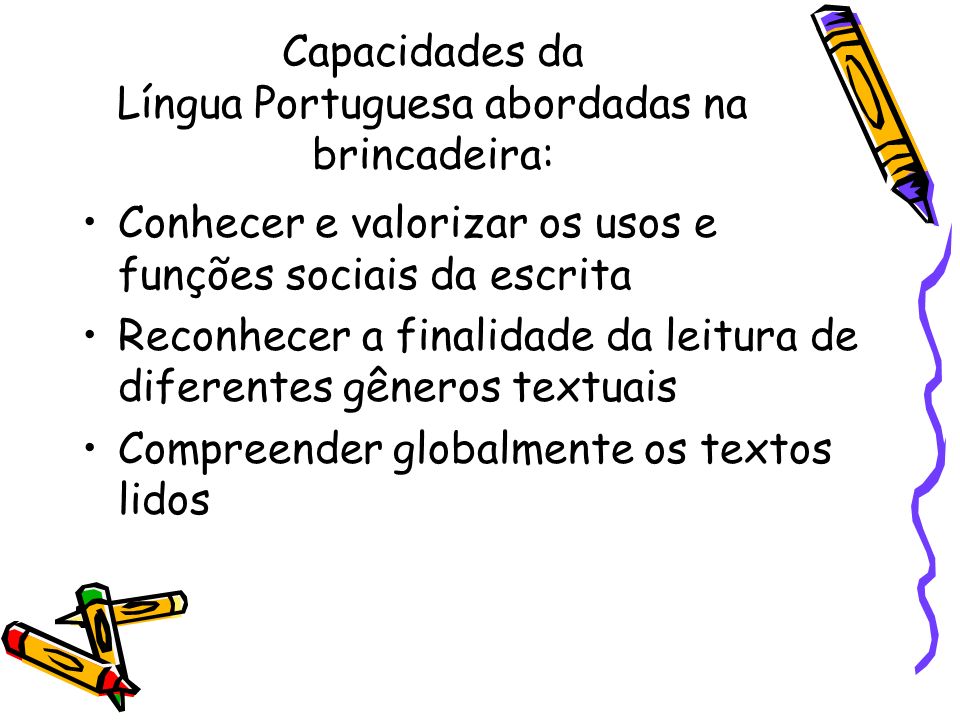 Capacidades da Língua Portuguesa abordadas na brincadeira:
