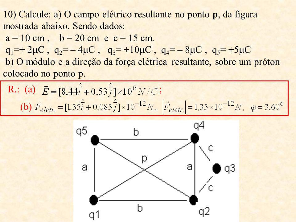10) Calcule: a) O campo elétrico resultante no ponto p, da figura mostrada abaixo. Sendo dados: