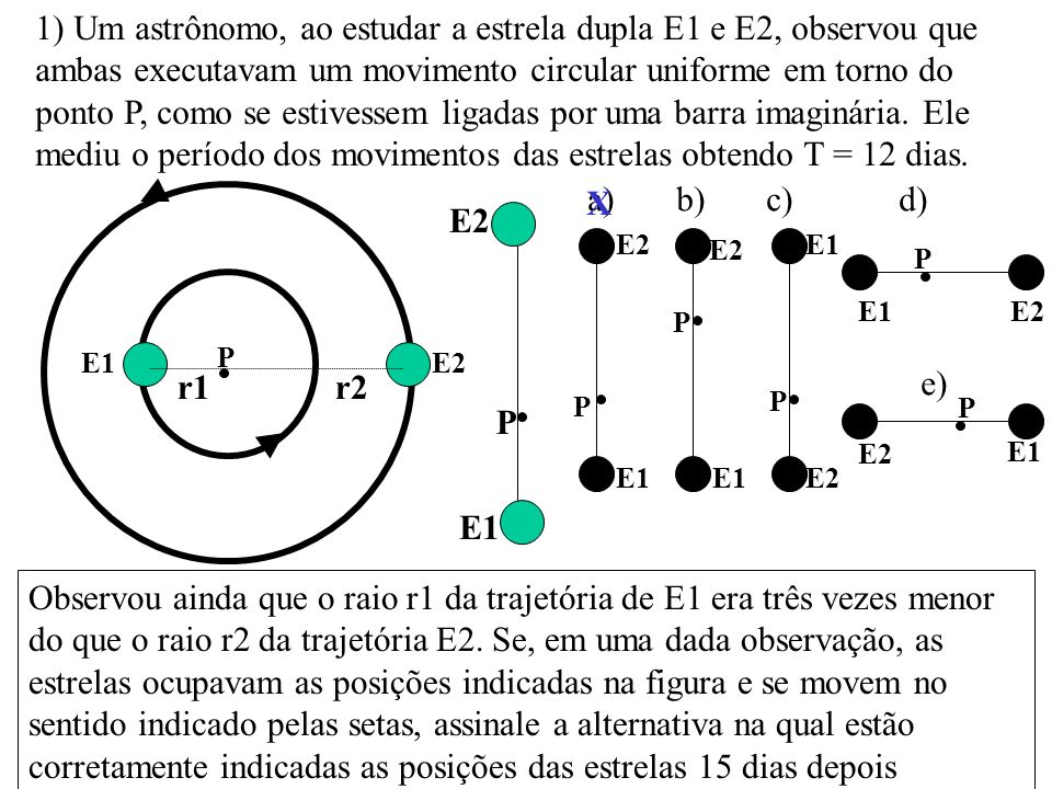 1) Um astrônomo, ao estudar a estrela dupla E1 e E2, observou que ambas executavam um movimento circular uniforme em torno do ponto P, como se estivessem ligadas por uma barra imaginária. Ele mediu o período dos movimentos das estrelas obtendo T = 12 dias.