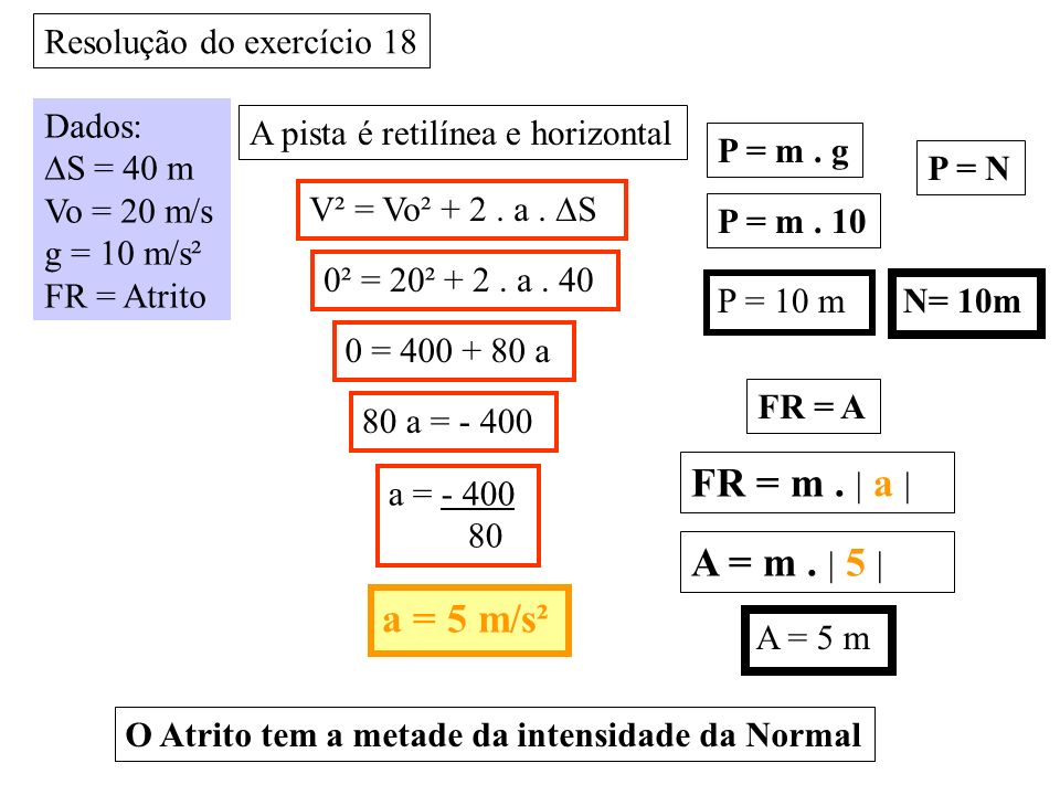 FR = m . | a | A = m . | 5 | a = 5 m/s² Resolução do exercício 18