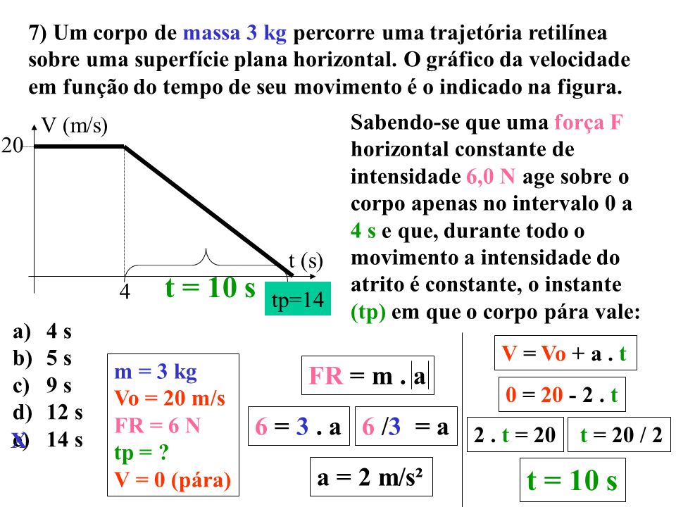 t = 10 s t = 10 s FR = m . a 6 = 3 . a 6 /3 = a a = 2 m/s²