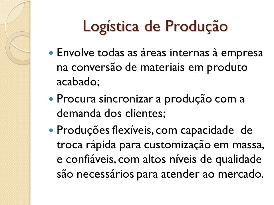 Logística de Produção Envolve todas as áreas internas à empresa na conversão de materiais em produto acabado;