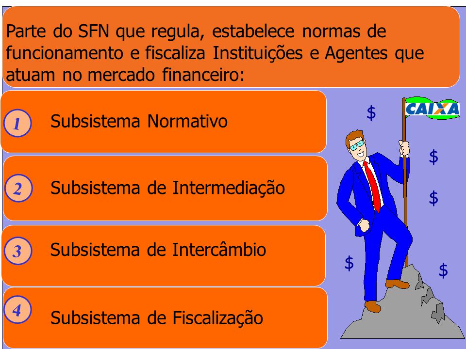 Parte do SFN que regula, estabelece normas de funcionamento e fiscaliza Instituições e Agentes que atuam no mercado financeiro:
