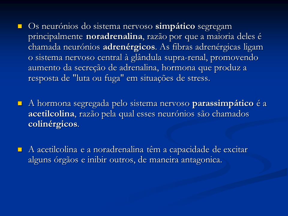 Os neurónios do sistema nervoso simpático segregam principalmente noradrenalina, razão por que a maioria deles é chamada neurónios adrenérgicos. As fibras adrenérgicas ligam o sistema nervoso central à glândula supra-renal, promovendo aumento da secreção de adrenalina, hormona que produz a resposta de luta ou fuga em situações de stress.