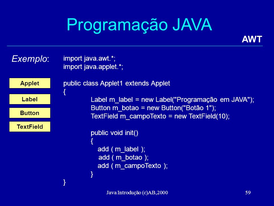 Programação JAVA AWT Exemplo: import java.awt.*; import java.applet.*;