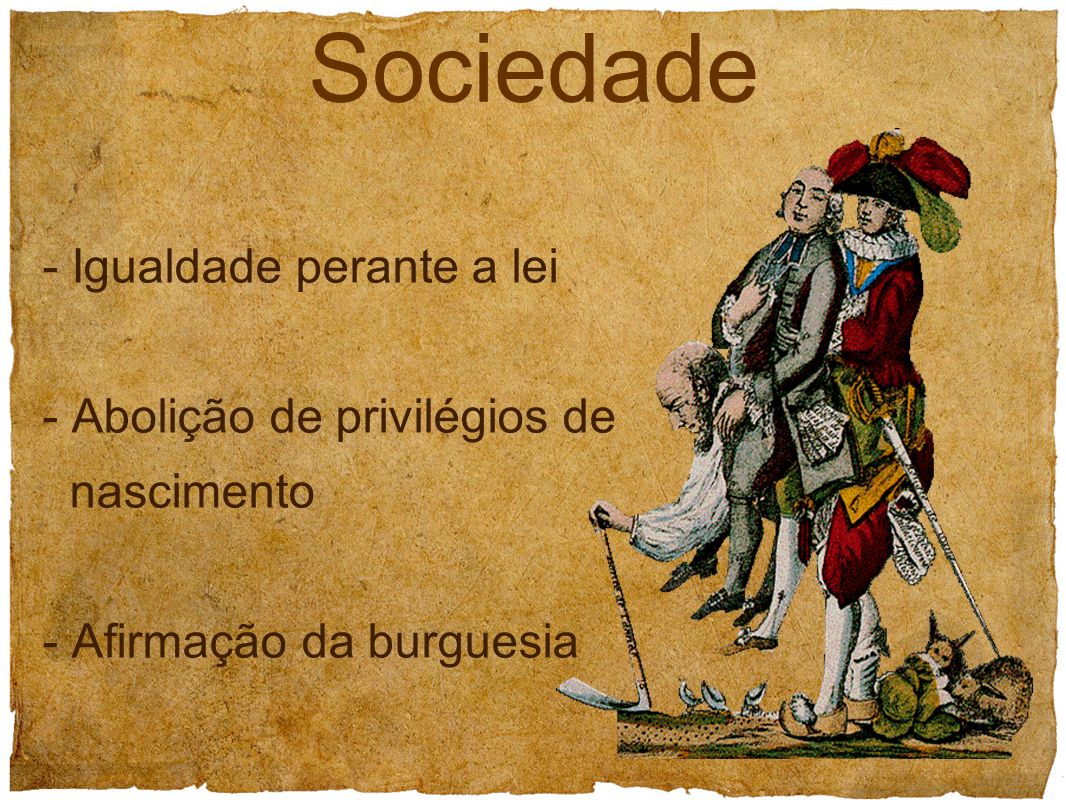 Sociedade - Igualdade perante a lei - Abolição de privilégios de nascimento - Afirmação da burguesia.