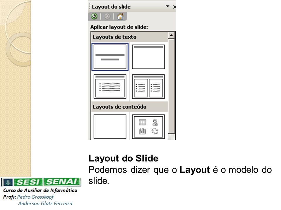Layout do Slide Podemos dizer que o Layout é o modelo do slide.