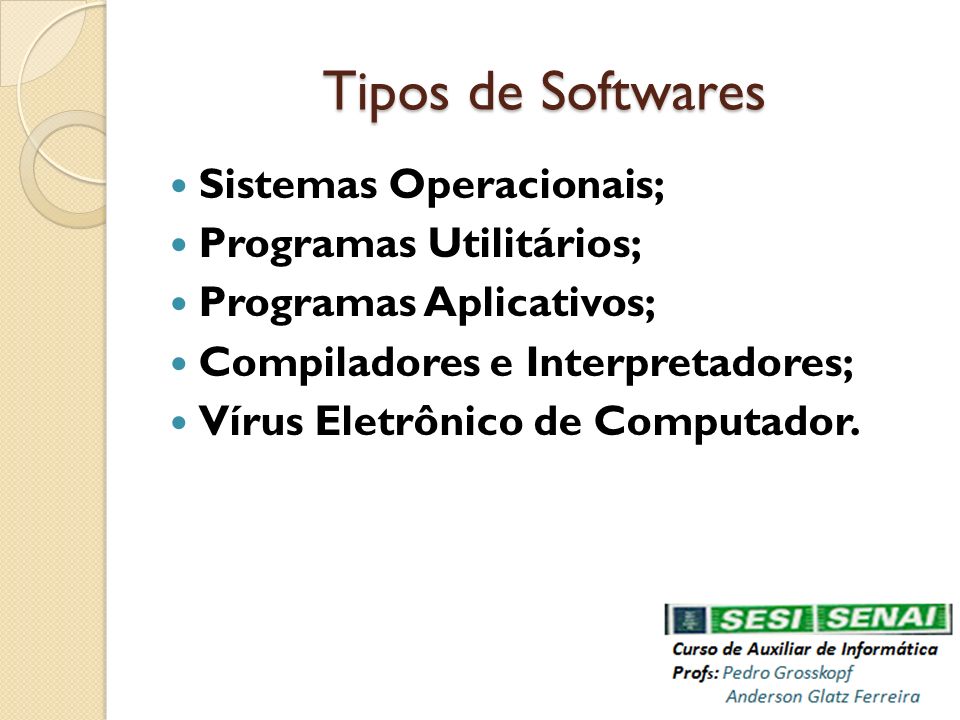 Tipos de Softwares Sistemas Operacionais; Programas Utilitários;