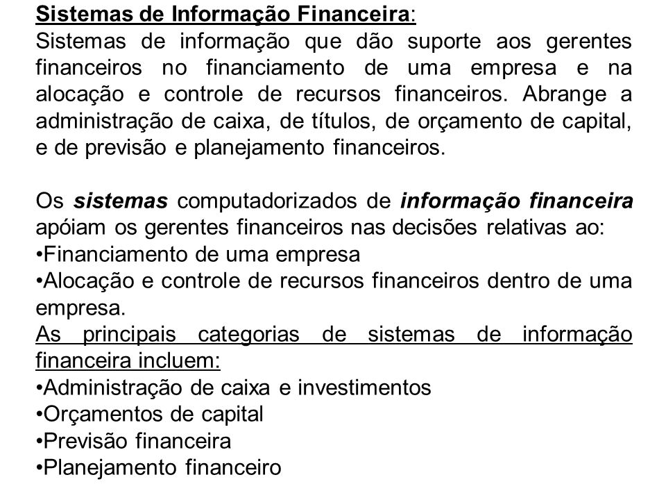 Sistemas de Informação Financeira: