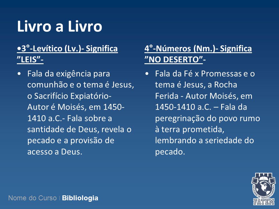 Livro a Livro •3°-Levítico (Lv.)- Significa LEIS -