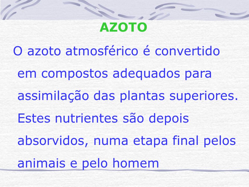 AZOTO O azoto atmosférico é convertido. em compostos adequados para. assimilação das plantas superiores.