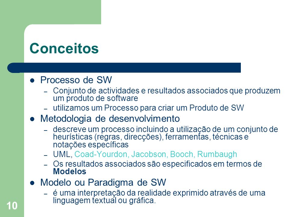 Conceitos Processo de SW Metodologia de desenvolvimento
