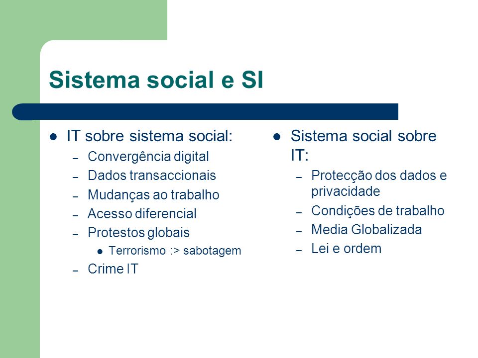 Sistema social e SI IT sobre sistema social: Sistema social sobre IT: