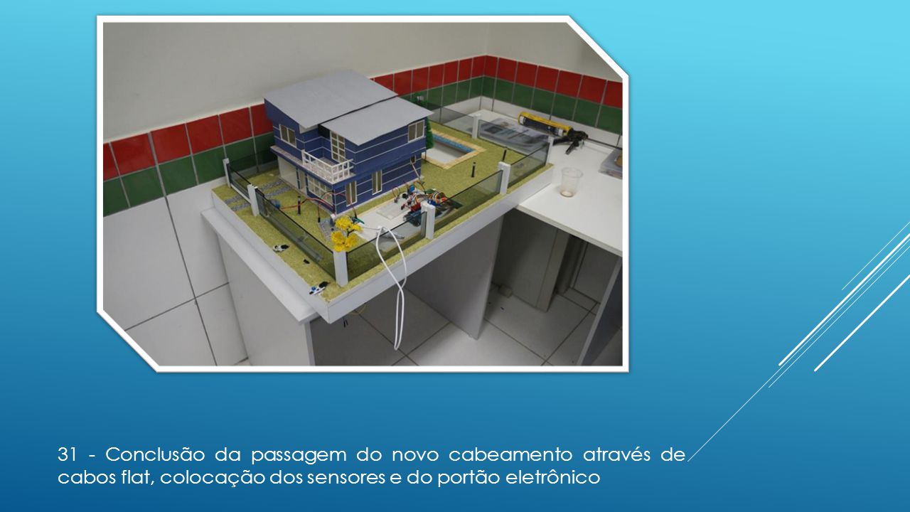 31 - Conclusão da passagem do novo cabeamento através de cabos flat, colocação dos sensores e do portão eletrônico