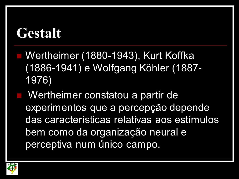 Gestalt Wertheimer ( ), Kurt Koffka ( ) e Wolfgang Köhler ( )