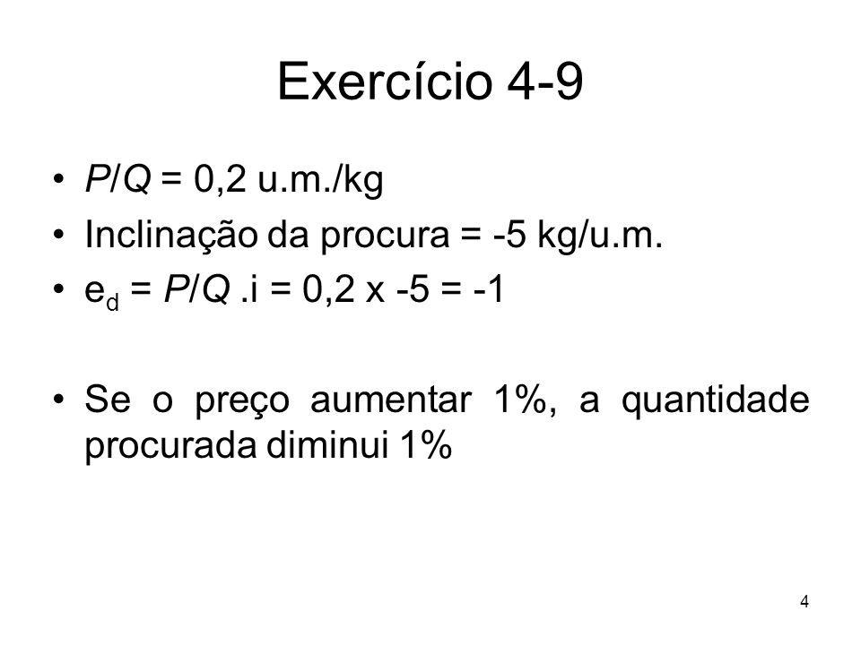 Exercício 4-9 P/Q = 0,2 u.m./kg Inclinação da procura = -5 kg/u.m.